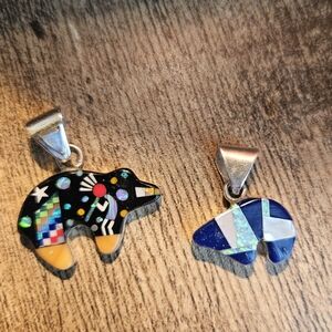 Sterling Silver Bear Pendant Set Kokopelli Inlay Reversible Southwestern Jewelry